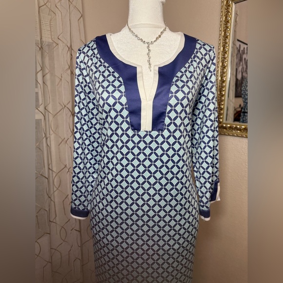 Caribbean Joe Dress Women's Large Blue White Geometric Print Tunic 3/4 Sleeve - Picture 2 of 8